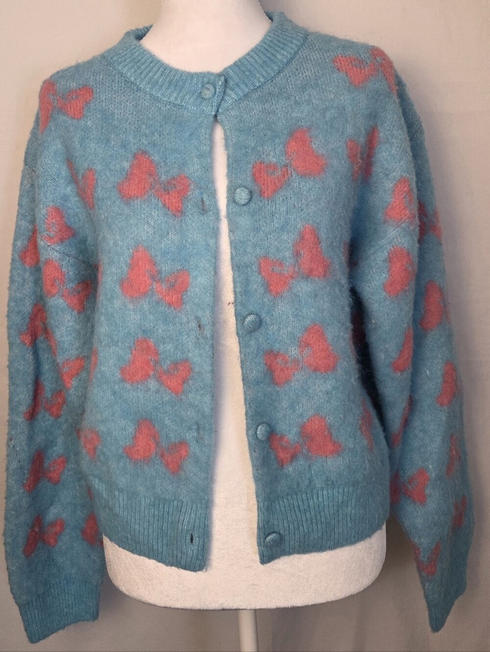 Zara Teal Knit Cardigan with Pink Bow Pattern